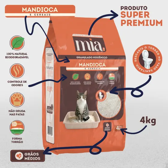 Areia Higiênica 4kg Granulado Mia Cat Mandioca e Cereais Biodegradável