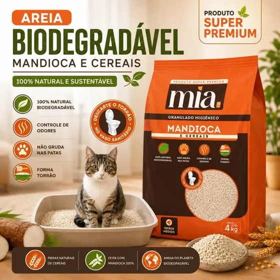 Areia Gato 16kg 12kg 8kg 4kg  Higiênica Biodegradável Cereais e Mandioca Mia Cat