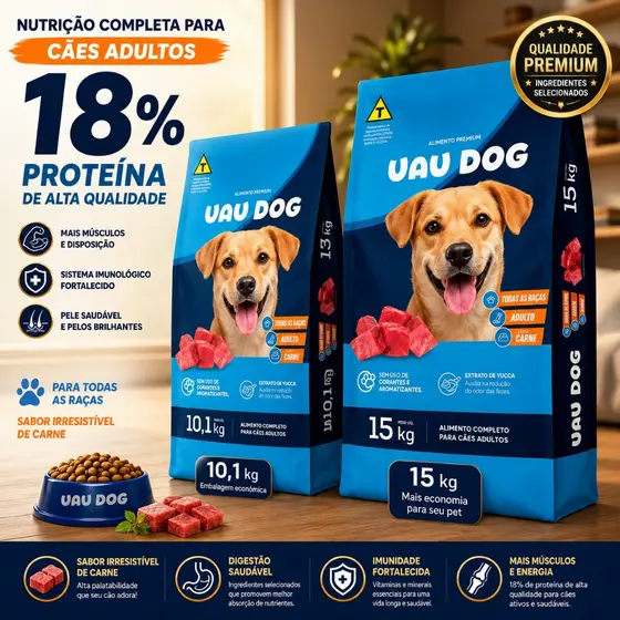 Ração Cachorro 15kg ou 10kg Uau Dog Sabor Carne 18% Proteína
