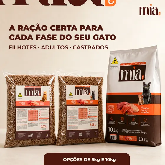 Ração Gato Filhote Adulto Castrados 10kg/5kg Mia Cat Sabor Carne Salmão e Frango Nível Proteína 27%
