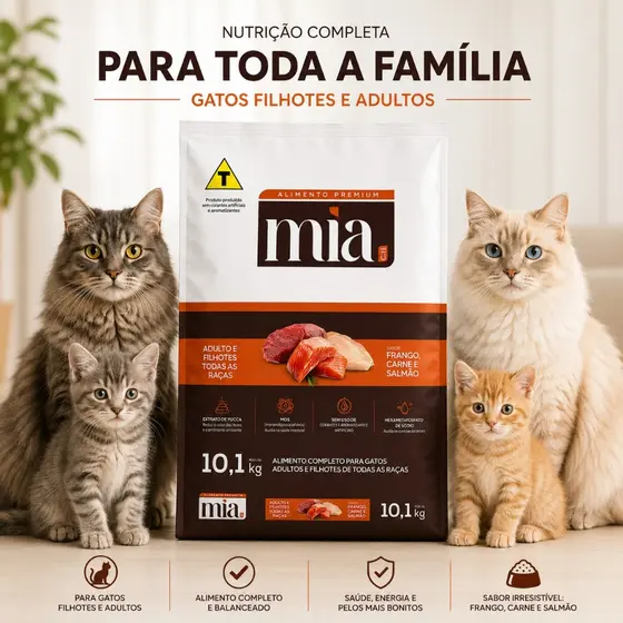 Ração Gato 10kg Filhote Adulto Mia Cat Premium 27% Proteína