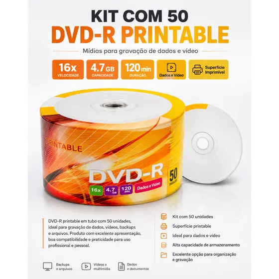 DVD-R Printable Virgem 4.7GB 16X Pino C/50 Mídias Graváveis Imprimíveis