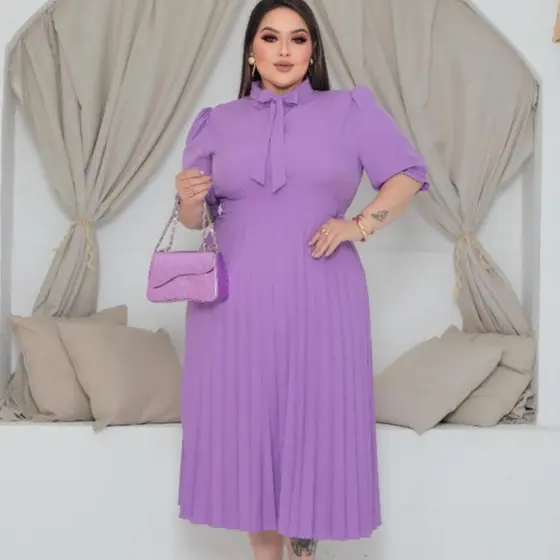 Vestido Midi Culto Plissado  Plus Size Laço Na Gola  Elegante Crepinho Tamanho Unico Manga Bufante