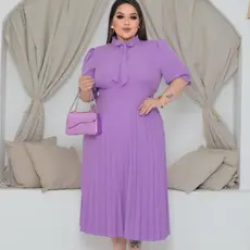 Vestido Midi Culto Plissado  Plus Size Laço Na Gola  Elegante Crepinho Tamanho Unico Manga Bufante