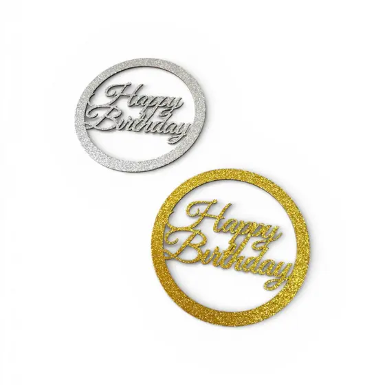 Kit Festa Decoração Painel Redondo Happy Birthday Mdf Brilhante Prata e Dourado