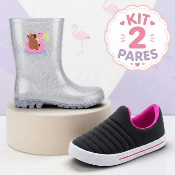 Kit 2 Pares Galocha Infantil Cano Alto Menina Calce Fácil