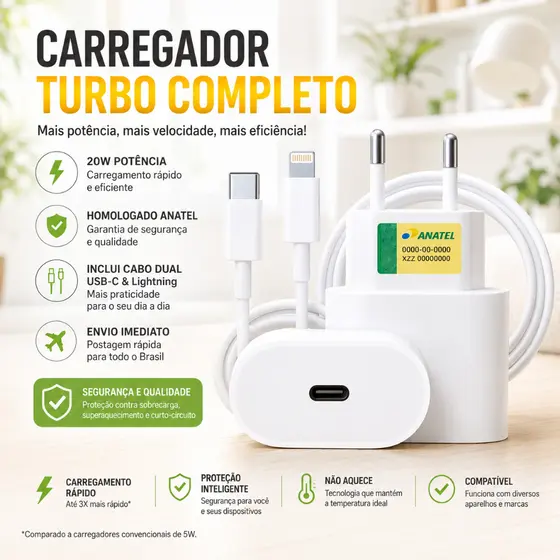 KIT DE 1 / 2 / 3 UNIDADES Carregador Fonte E Cabo USB-C Lightning Turbo 20W Iphone 8 11 12 13 14 Carregamento Rápido