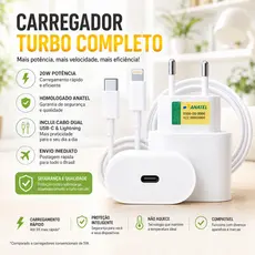KIT DE 1 / 2 / 3 UNIDADES Carregador Fonte E Cabo USB-C Lightning Turbo 20W Iphone 8 11 12 13 14 Carregamento Rápido