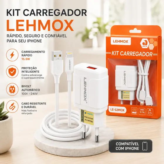 KIT Carregador Cabo e Fonte Turbo Para Celular iPhone USB Ligthning Homologado Anatel