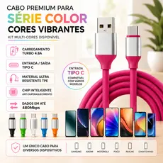 Cabo Colorido Turbo USB-C 1.2M Emborrachado Reforçado Para Vários Modelos Celular Tipo C