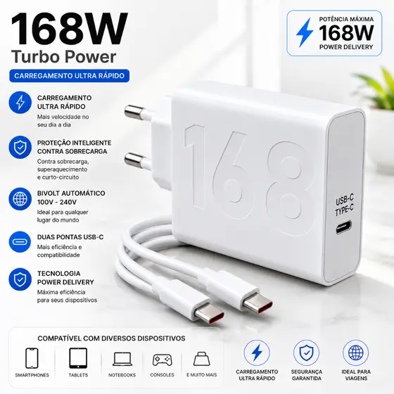 KIT Carregador Cabo E Fonte Turbo 67W / 150W / 168W Carga Rápida Celular Android Xiaom Red Poco