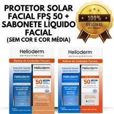 KIT HELIODERM PROTETOR FACIAL FPS 50 50G + SABONETE LÍQUIDO FACIAL 50ML/ SEM COR E COR MÉDIA