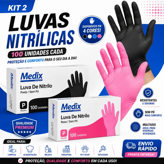 Kit 02 Luvas Nitrílicas resistente e confortável, Descartável de uso geral  Sem pó 200 unidades