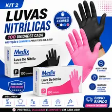 Kit 02 Luvas Nitrílicas resistente e confortável, Descartável de uso geral Sem pó 200 unidades