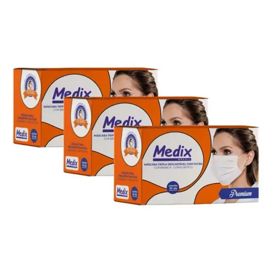 Kit 150 Mascaras branca descartável tripla com filtro