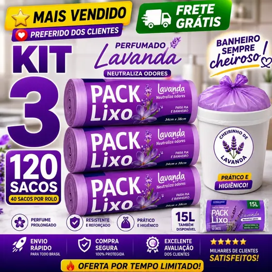 Kit 3 Rolos de Sacos de Lixo 10L  120 Unidades  Neutraliza Odores Ideal para Pia e Banheiro
