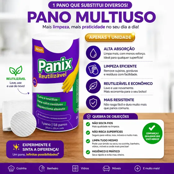 Pano Multiuso Reutilizável Panix 58 Panos Lavável Alta Absorção