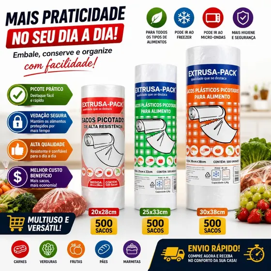 Bobina picotada 500 sacos plásticos saquinhos Super mercado para alimentos freezer microondas