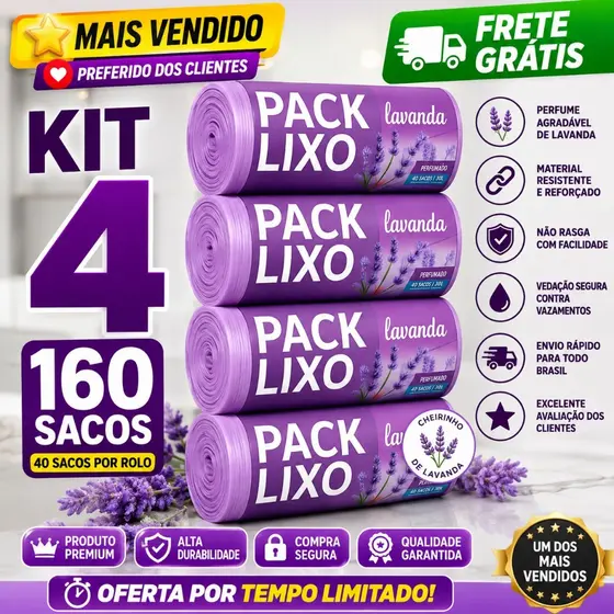 Kit 4 Sacos de Lixo Perfumados Lavanda  160 Sacos  Pia e Banheiro  34x38cm Neutraliza Odores