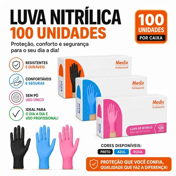 Luvas descartáveis ​​de nitrilo sem pó , caixa com 100 unidades para uso profissional.