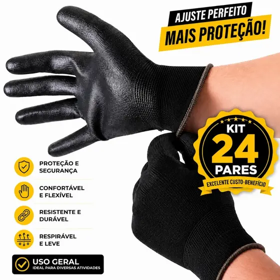 Kit 24 Pares Luva Proteção Multitato Tátil Banhada PU Black Uso Geral Mecânico Pedreiro Pintor EPI