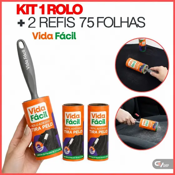 Kit 2 Rolos Adesivos + 4 Refil Tira Pelos Roupas Fiapos Limpa Plumas Sofá Prático 150 Fls vida facil
