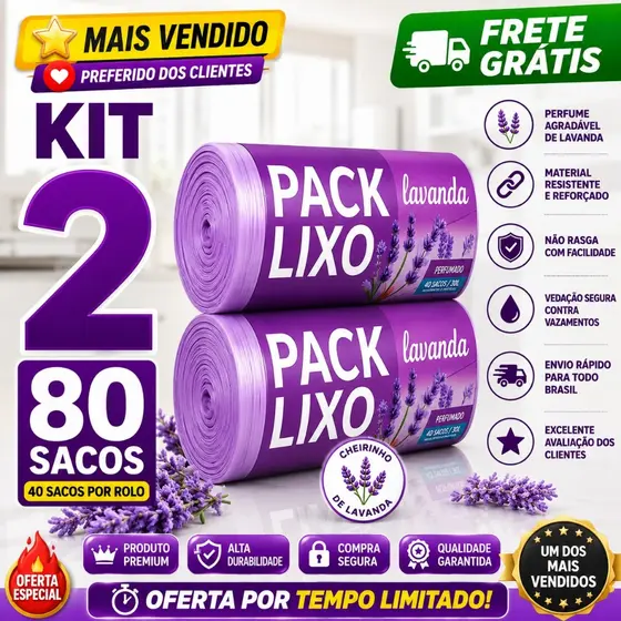 Kit 2 Sacos de Lixo Perfumados Lavanda  80 Sacos Pia e Banheiro 34x38cm Neutraliza Odores