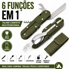Talher Canivete Multifuncional Camping Inox Garfo Colher Faca Abridor Saca Rolhas Sobrevivência Trilha Pesca