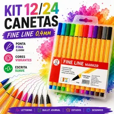 Kit 12/24 Canetas Fine Line 0.4mm Ponta Fina Coloridas Fineliner Material Escolar Desenho Bullet Journal