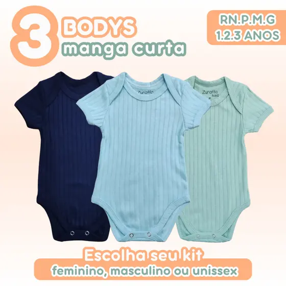 Kit 3 Bodys Bebê Manga Curta Comfort Baby 100% Algodão Canelado Cores Verão Calor Feminino Masculino RNPMG e 1.2.3 anos