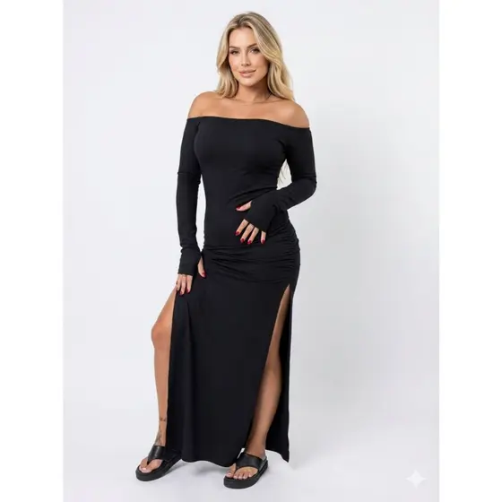 Vestido Livia Longo Fenda Tomara que caia Inverno Manga Longa TecidoSuplex Elegância Conforto Casual