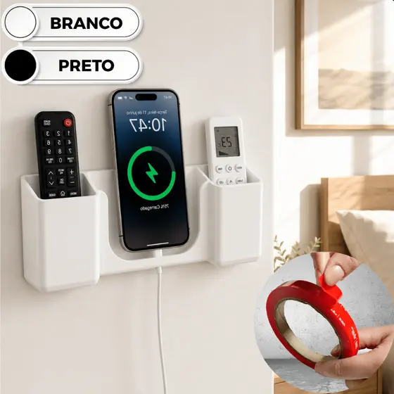 Suporte Organizador Quarto Sala Duplo Porta Controle Remoto Com Base Carregamento Encaixe Celular