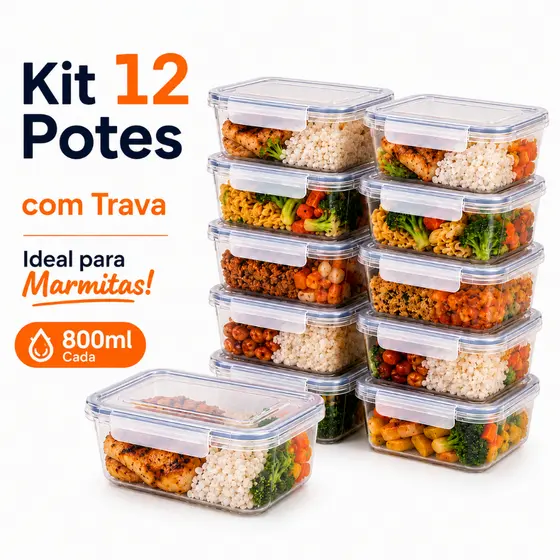 Kit 12 Potes Marmita 800ml Com Trava Lateral Freezer Microondas Organizadores
