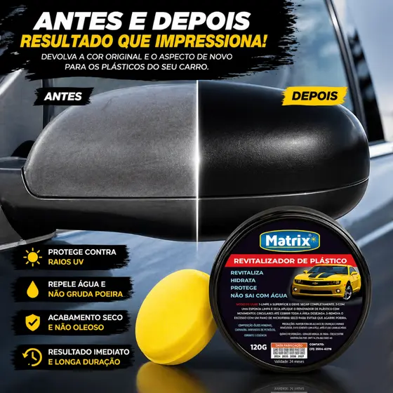 Cera Revitalizante para Plástico, couro, para-choque, vinil, Brilho automotivo + Espuma de Aplicação - ENVIO RÁPIDO