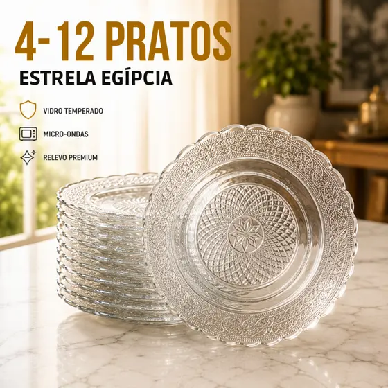 Jogo De Pratos Fundos Egípcio 4 6 e 12 Peças Estrela Transparente Leve e Resistente Mesa Posta Buffet Jantar Cozinha