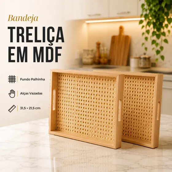 Kit Bandejas Retangular com Alças Fundo Treliçado Conjunto Decorativo para Servir Café da Manhã Decorar Sala Quarto Ba