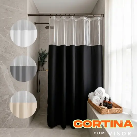Cortina Box PVC com Visor Transparente + Ganchos Preto Branco Bege Cinza Antimofo Impermeável Resistente Banheiro