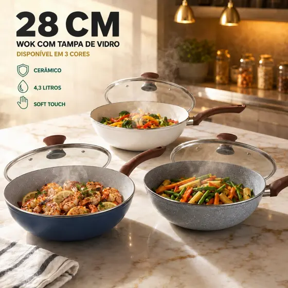 Panela Frigideira Wok 28cm 4L Com Tampa de Vidro Temperado Revestimento em Cerâmica Antiaderente Indução Gás
