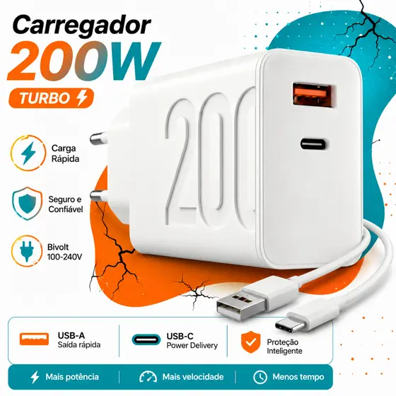 Carregador Rápido USB-C + USB-A PD QC 3.0