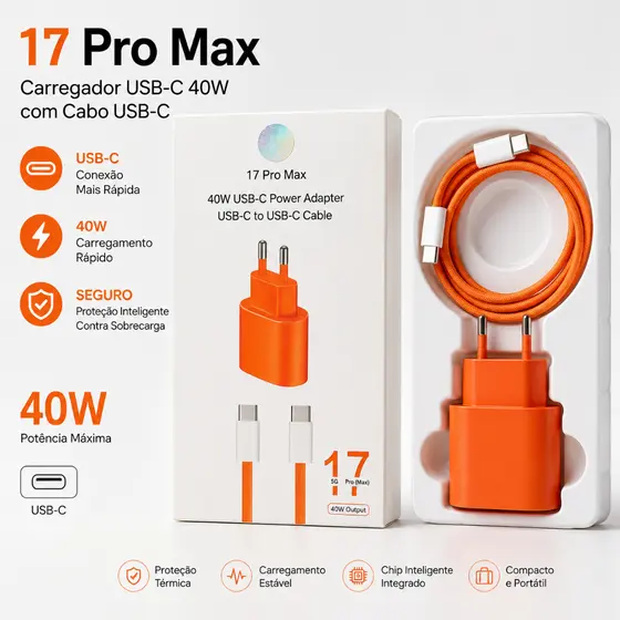 Carregador Turbo 40W USB-C com Cabo Tipo C 1M, Carregamento Rápido para iPhone 15/16