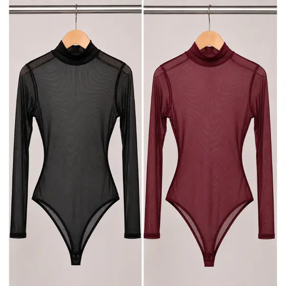 Kit 2 Body Tule Feminino Manga Longa Gola Alta Blusa Sensual Transparente Bori Blogueira