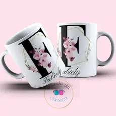 Caneca Personalizada com a Inicial e seu Nome de Porcelana Floral (Temos Todas as Iniciais)