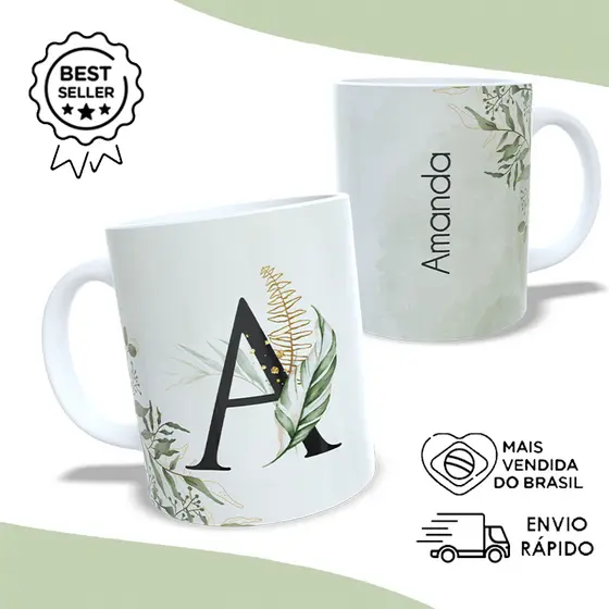 Caneca Personalizada com Nome Floral Verde de Porcelana (Temos todas as Iniciais)