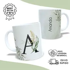 Caneca Personalizada com Nome Floral Verde de Porcelana (Temos todas as Iniciais)