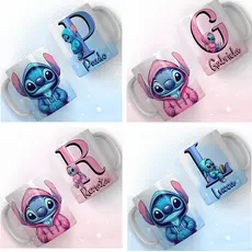 Caneca Personalizada Stitch Lilo com Nome e Inicial de Porcelana