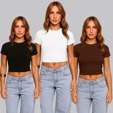 Kit 3 Baby Tee Feminina – Blusa Slim Fit Compressão Suplex Treino e Casual