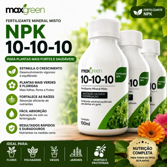 Kit 03 Adubo Fertilizante Líquido Para Plantas NPK 10.10.10 Maxgreen Concentrado 100ml