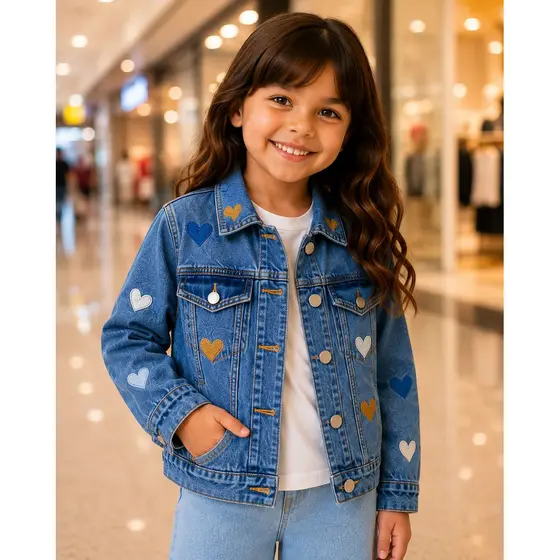 Jaqueta Jeans Infantil Menina Bordada Com Corações Kids