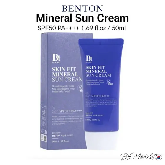 BENTON Creme Solar Mineral Fps50 PA + 50ml Protetor Coreano Para Pele Sensível Proteção UV