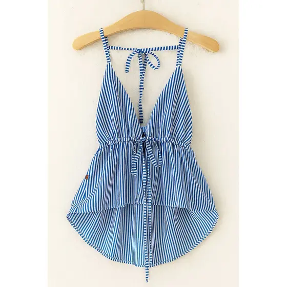 Cropped Feminina Casual Listrada Crooped com Pescoço em Halter e Amarração Nas Costas Cropeed